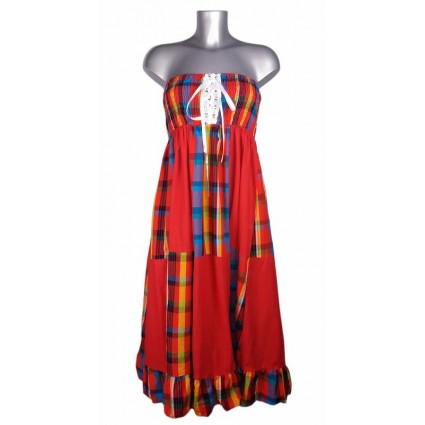 Robe créole bustier corsage bas damier madras rouge et bleu Melle Boutique