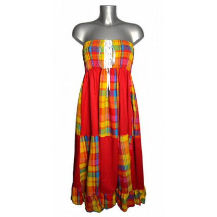 Robe créole bustier corsage bas damier madras multicolore