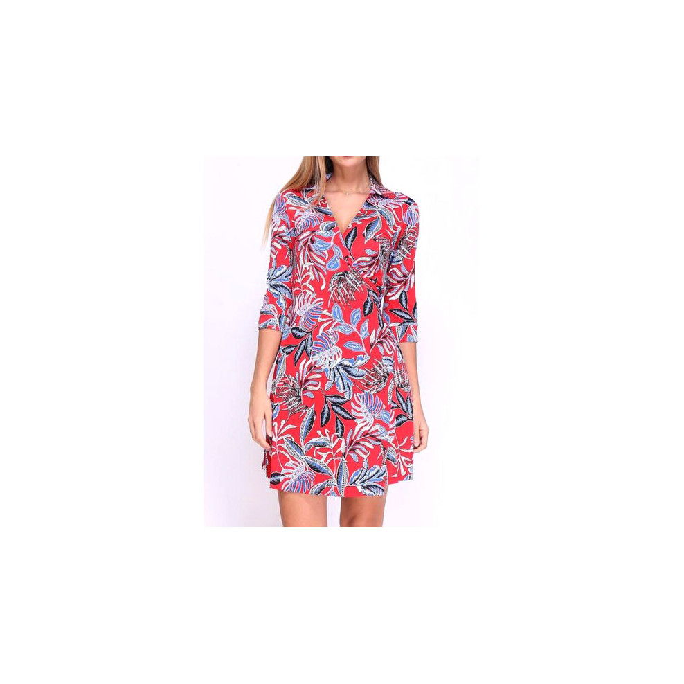 Robe cache-coeur rouge motif feuilles tropicales bleues ...