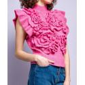 Pull sans manche rose fuschia fleurs froufrou