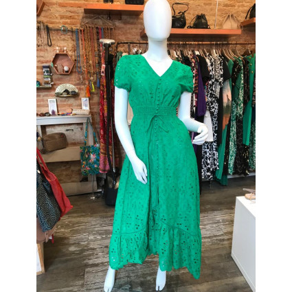 Robe longue dos-nu broderie anglaise verte Goa