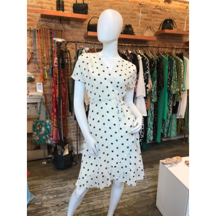 Robe courte cache-coeur blanc à pois noirs Goa
