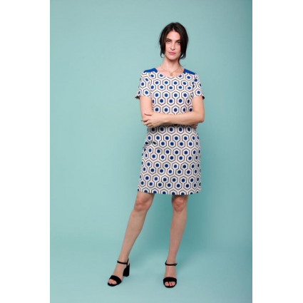 Robe droite blanche motif géométrique bleu Hippocampe