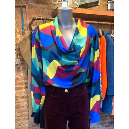 Blouse col bénitier bleu jaune et violet Hippocampe