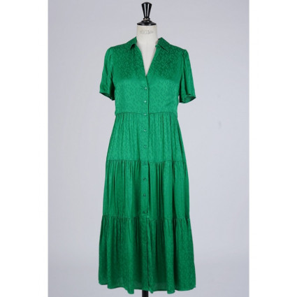 Robe droite plissée à la taille vert satiné Goa