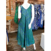 Robe longue satinée pompons épaules motif dégradé fleurs bleu vert Goa