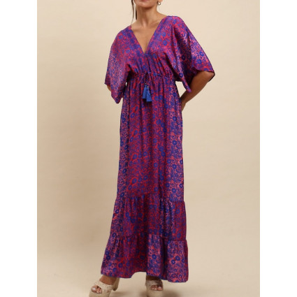 Robe style boubou cintré soyeux bleu et rose Goa