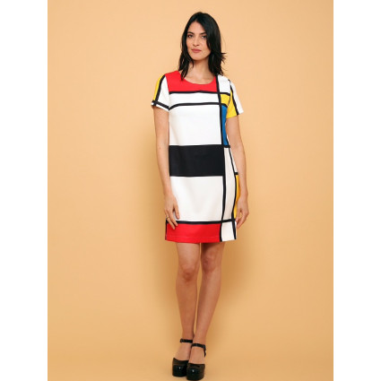 Robe trapèze col rond motif mondrian Hippocampe