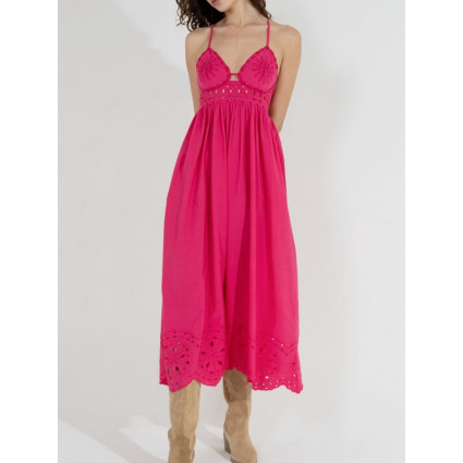 Robe longue fuschia décolleté broderie anglaise Goa livraison
