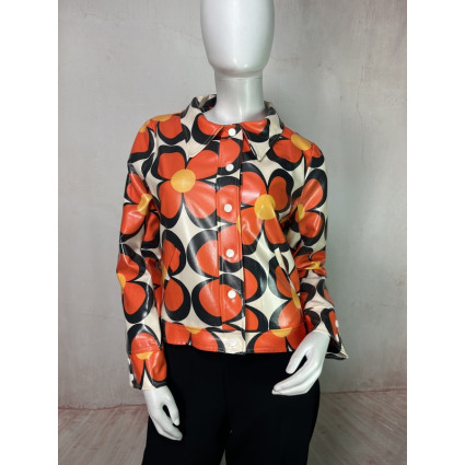 Veste Rétro en Similicuir à Motifs Floraux