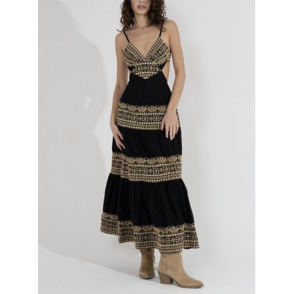 BLUE - robe longue à bretelles noires avec broderies