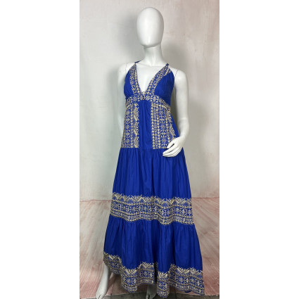 Kate long – Robe longue bleu électrique à motifs dorés