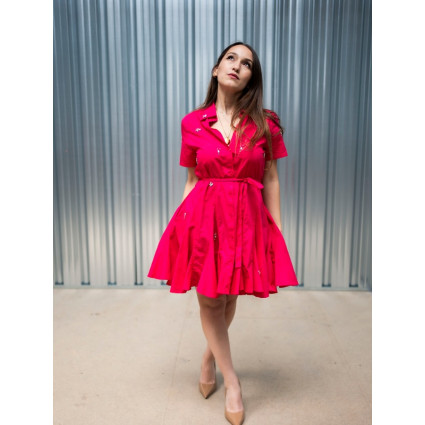 Robe chemise rose unie à strass – Ceinture à nouer