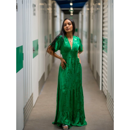 Robe dos nu tissu vert effet satiné motif fleurs- RIQ