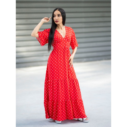 Robe dos à nouer tissu rouge à pois blancs Goa