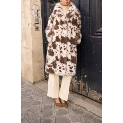 Manteau Long en Fausse Fourrure Motif Tacheté Chocolat & Crème