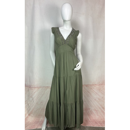 Robe longue fluide kaki à détails perlés - FLO GOA