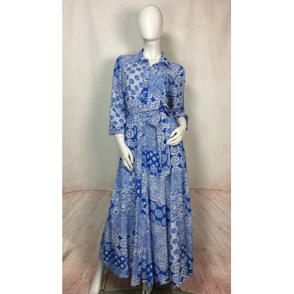 Robe longue chemise imprimé cachemire bleu et blanc - 62998 GOA