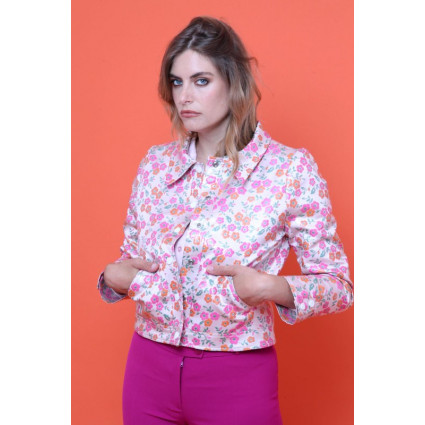 Veste enduit simili blanc motif fleurs roses Hippocampe
