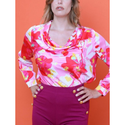 Hauts Col bénitier voile motif fleuri rose et rouge Hippocampe