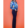 Blouse motif rétro fleurs tons bleus et oranges Hippocampe