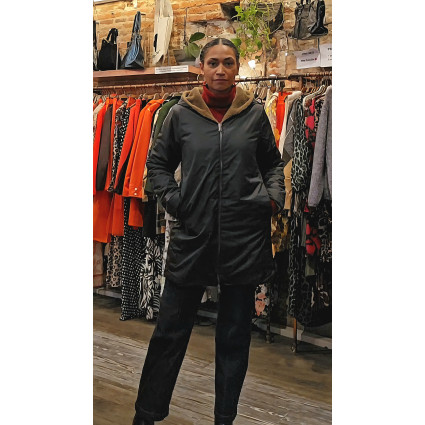 Parka mi-longue imperméable noir fourrée camel Goa