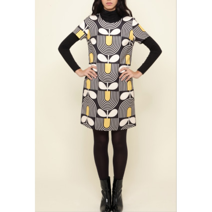 Robe trapèze motif psychédélique noir blanc jaune Hippocampe