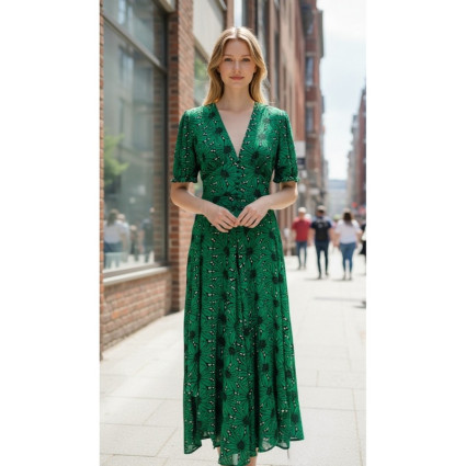 Robe bas asymétrique vert fleurs noires Goa