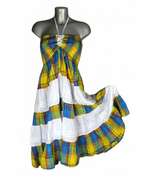 Robe corsage madras bleu et jaune bandes blanches M