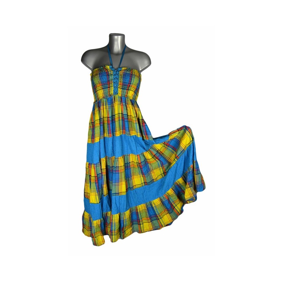 Robe corsage madras bleu et jaune bandes bleues M